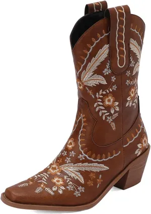 Womens Embroidered Cowgirl Boots Pull On Cowboy Boots for Women Floral Low Chunky Heel Western Boots