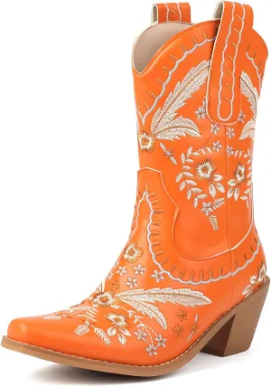 Womens Embroidered Cowgirl Boots Pull On Cowboy Boots for Women Floral Low Chunky Heel Western Boots