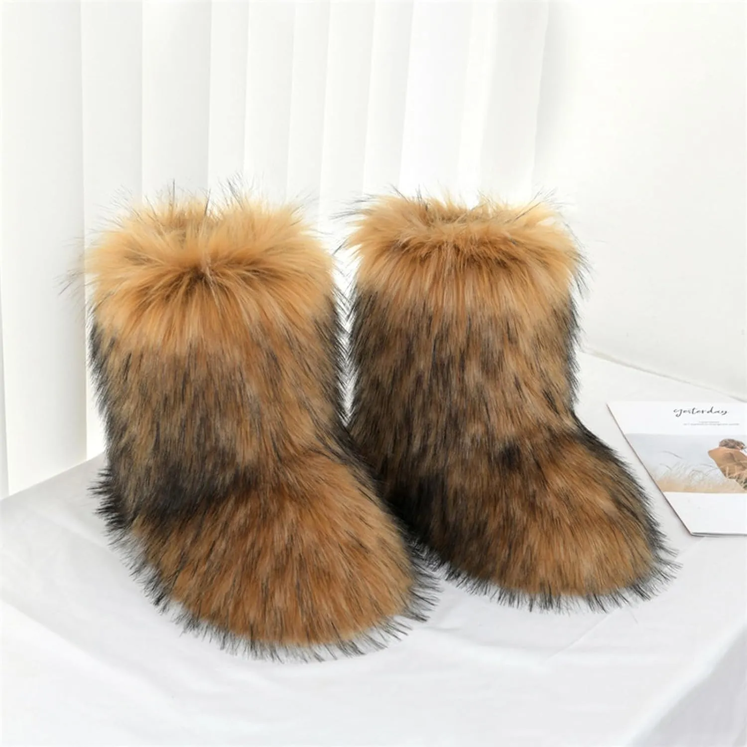 Women's Faux fur Boot Warm Comfortable Outdoor Flat Shoes Furry Fluffy Short Snow 2025 Boot Mid-Calf Boots