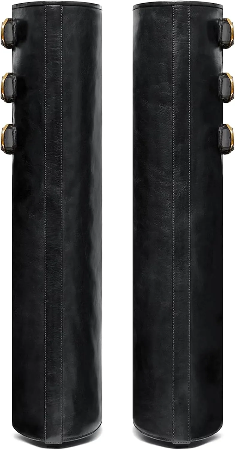 Women's Fold Over Boots Wide Buckle Covered Wedge Heel Knee High Boot Almond Toe Wide Calf Pull-on Fashion Calf Boots Party Date Shoes for Women