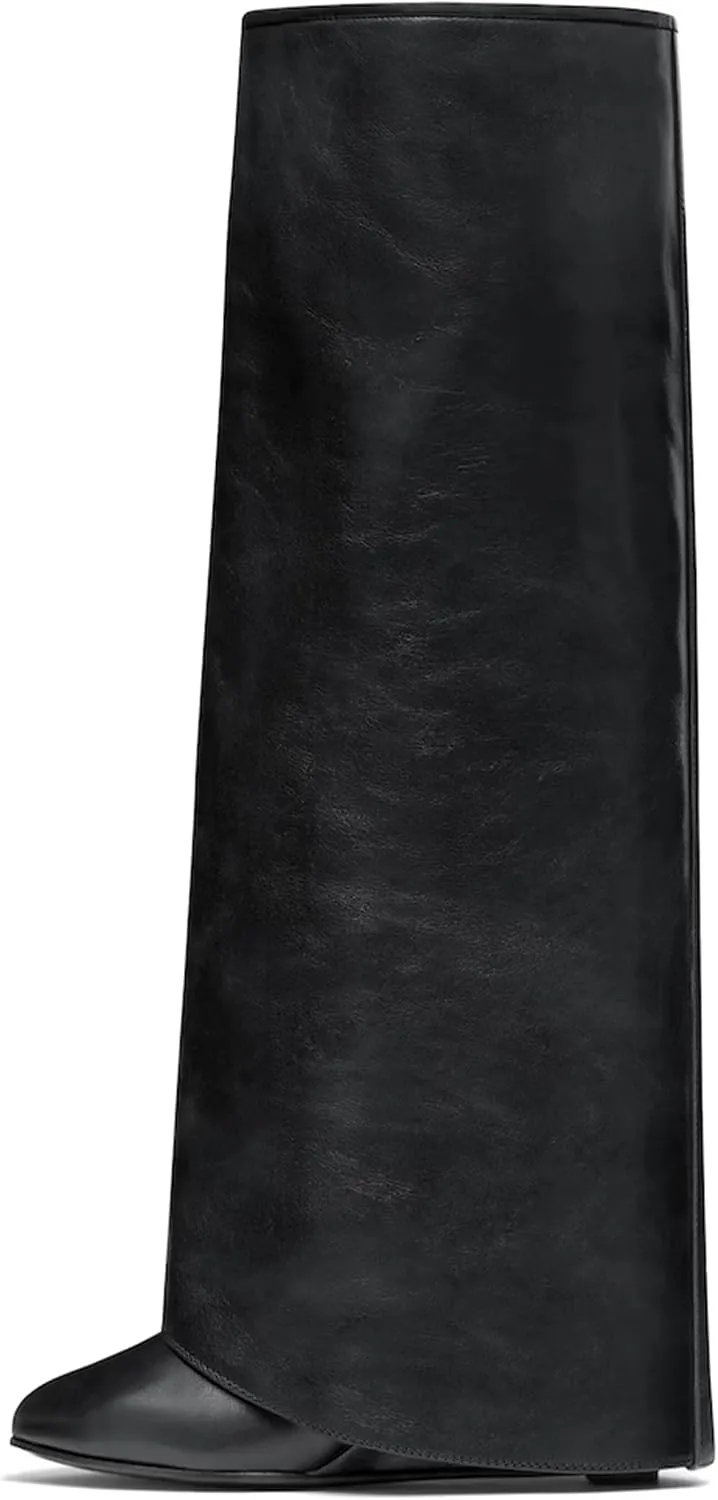 Women's Fold Over Boots Wide Buckle Covered Wedge Heel Knee High Boot Almond Toe Wide Calf Pull-on Fashion Calf Boots Party Date Shoes for Women