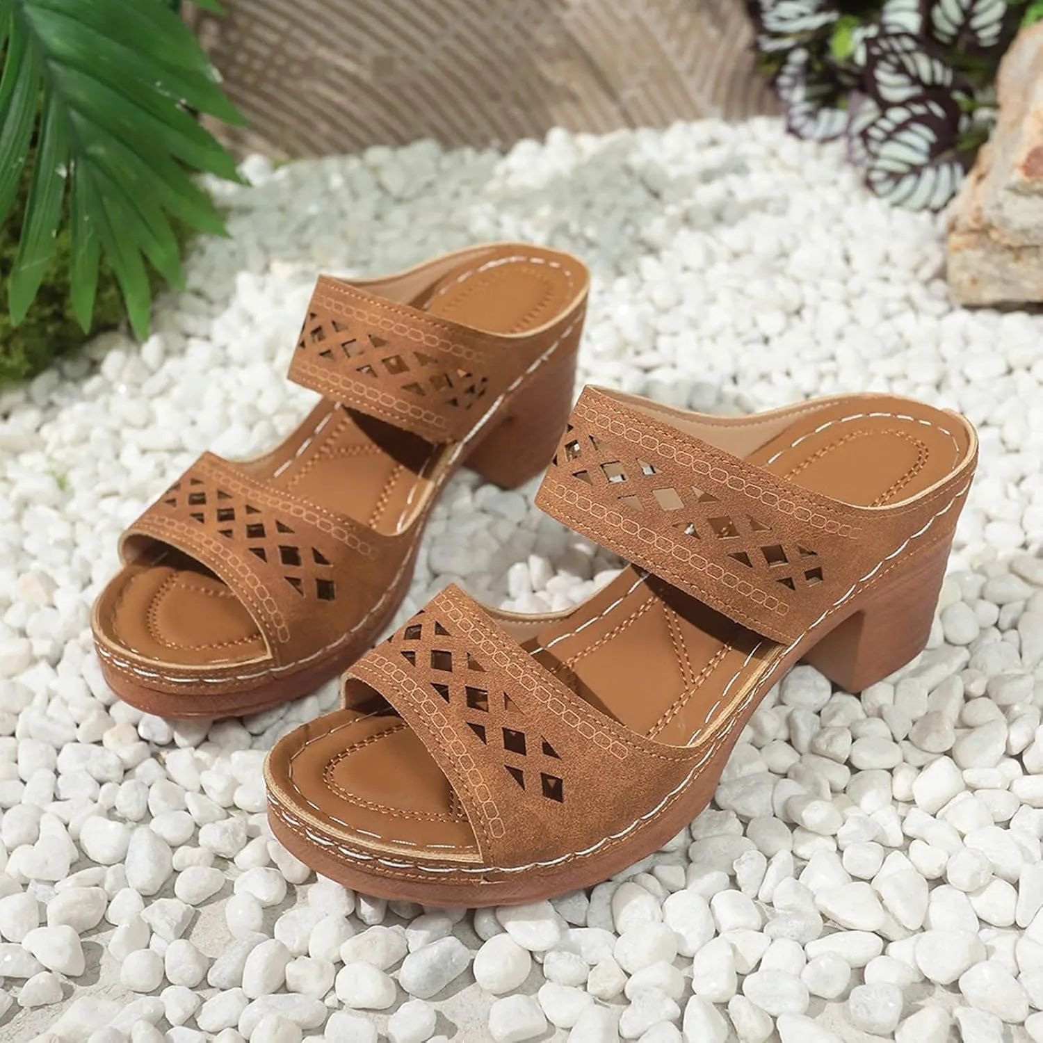 Women's Heeled Sandals Open Toe Slip On Block Womens Chunky Mid Heels Ankle Strap Sandal Slippers