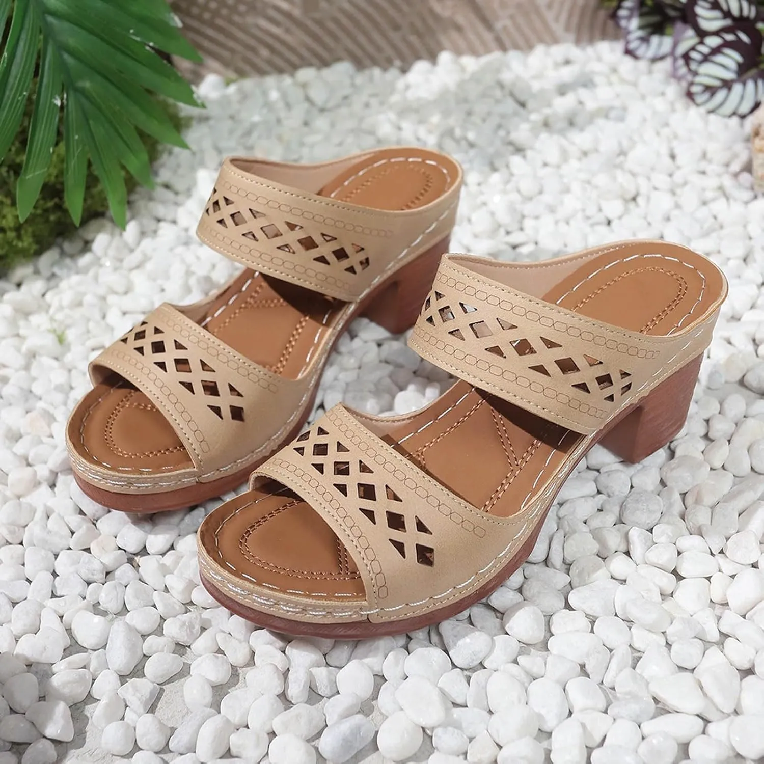 Women's Heeled Sandals Open Toe Slip On Block Womens Chunky Mid Heels Ankle Strap Sandal Slippers
