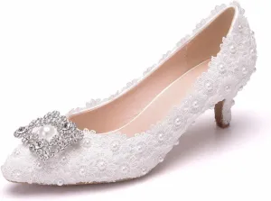 Women's High Heels, Ladies Court Shoes 5 Cm White Square Buckle Rhinestone Lace Beaded Shallow Mouth Shoes Pumps Comfortable Slip-on Pointed Toe Low Heeled Shoes, 38 EU,White