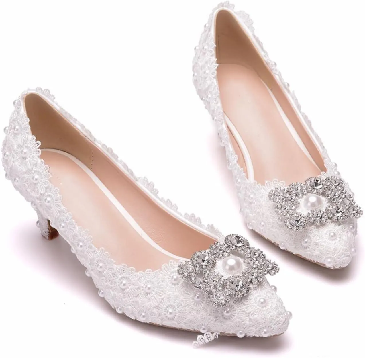 Women's High Heels, Ladies Court Shoes 5 Cm White Square Buckle Rhinestone Lace Beaded Shallow Mouth Shoes Pumps Comfortable Slip-on Pointed Toe Low Heeled Shoes, 38 EU,White