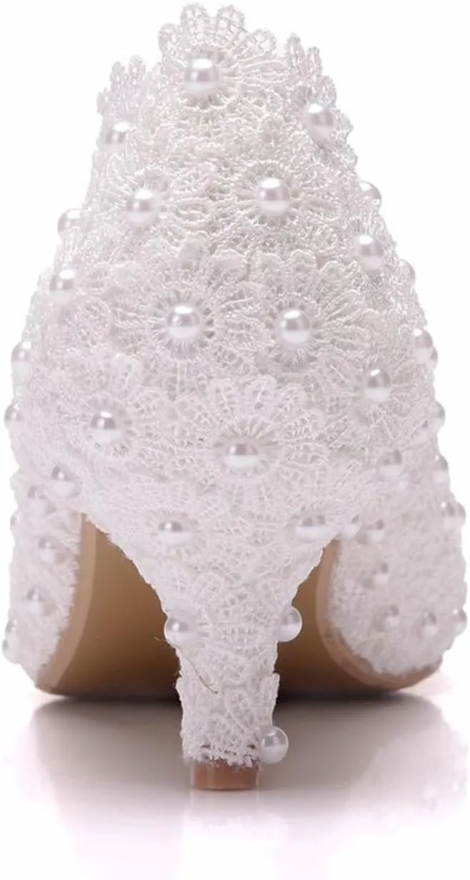 Women's High Heels, Ladies Court Shoes 5 Cm White Square Buckle Rhinestone Lace Beaded Shallow Mouth Shoes Pumps Comfortable Slip-on Pointed Toe Low Heeled Shoes, 38 EU,White