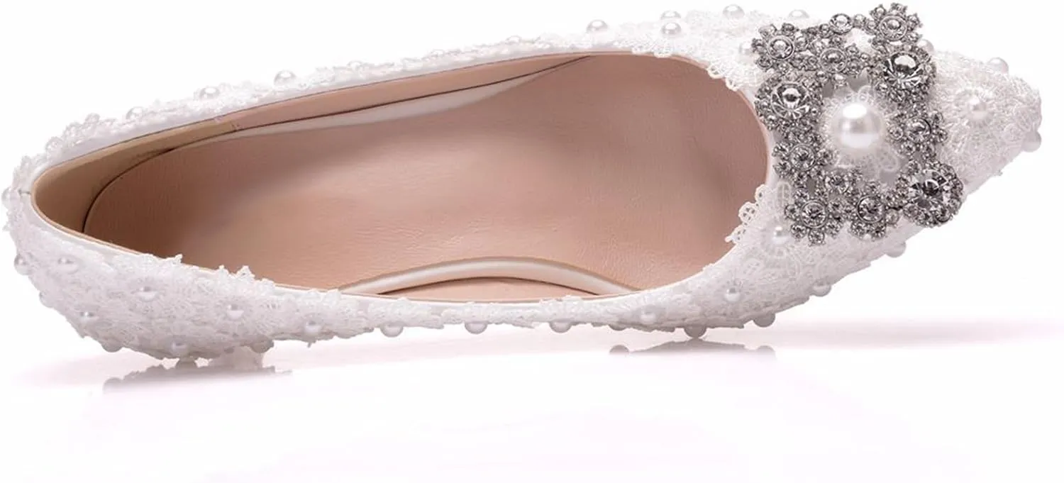 Women's High Heels, Ladies Court Shoes 5 Cm White Square Buckle Rhinestone Lace Beaded Shallow Mouth Shoes Pumps Comfortable Slip-on Pointed Toe Low Heeled Shoes, 38 EU,White