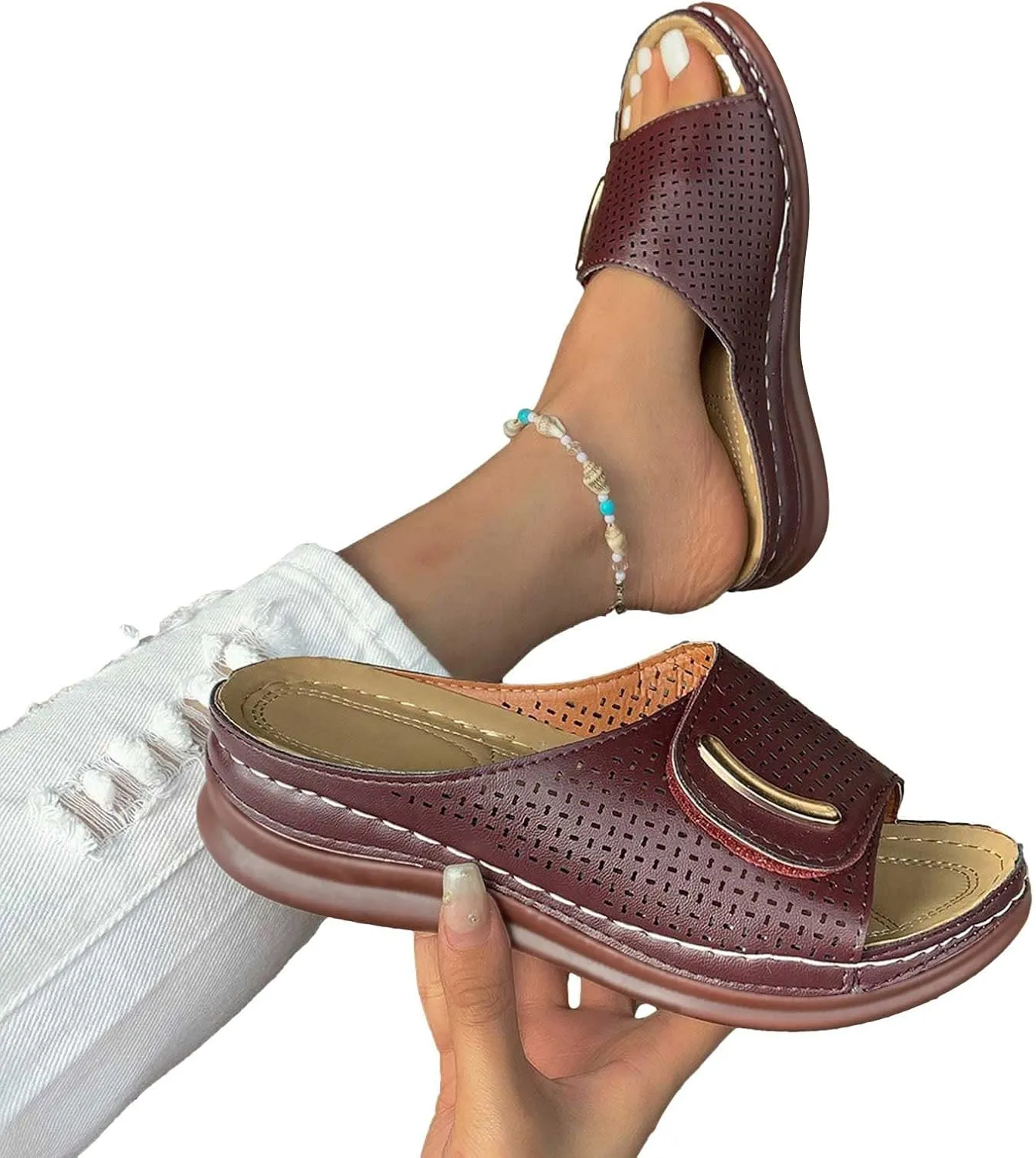 Women's Hollow Out Breathe Sandal Arch Support Solid Platform Slipper Summer Beach Slip on Sandals Metal Trim Shoe
