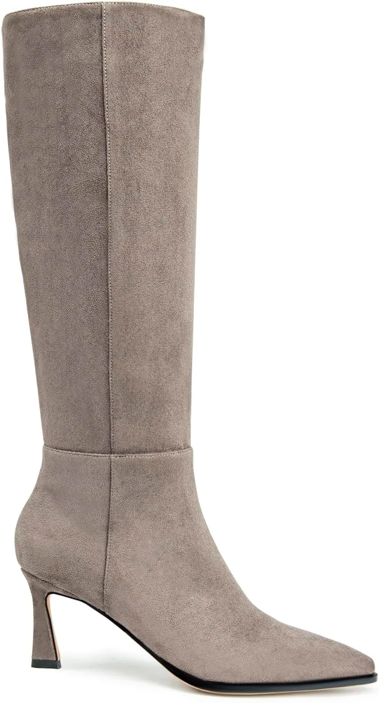 Womens Knee High Boots Kitten Heel Pointed Toe Faux Leather Long Boots Stiletto Side Zipper Comfortable Tall Boot