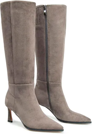 Womens Knee High Boots Kitten Heel Pointed Toe Faux Leather Long Boots Stiletto Side Zipper Comfortable Tall Boot