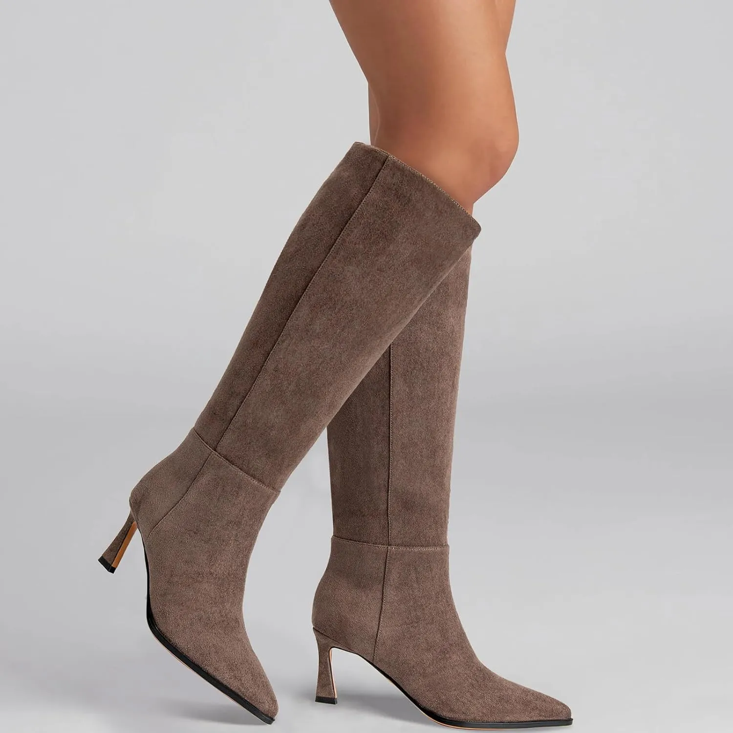 Womens Knee High Boots Kitten Heel Pointed Toe Faux Leather Long Boots Stiletto Side Zipper Comfortable Tall Boot