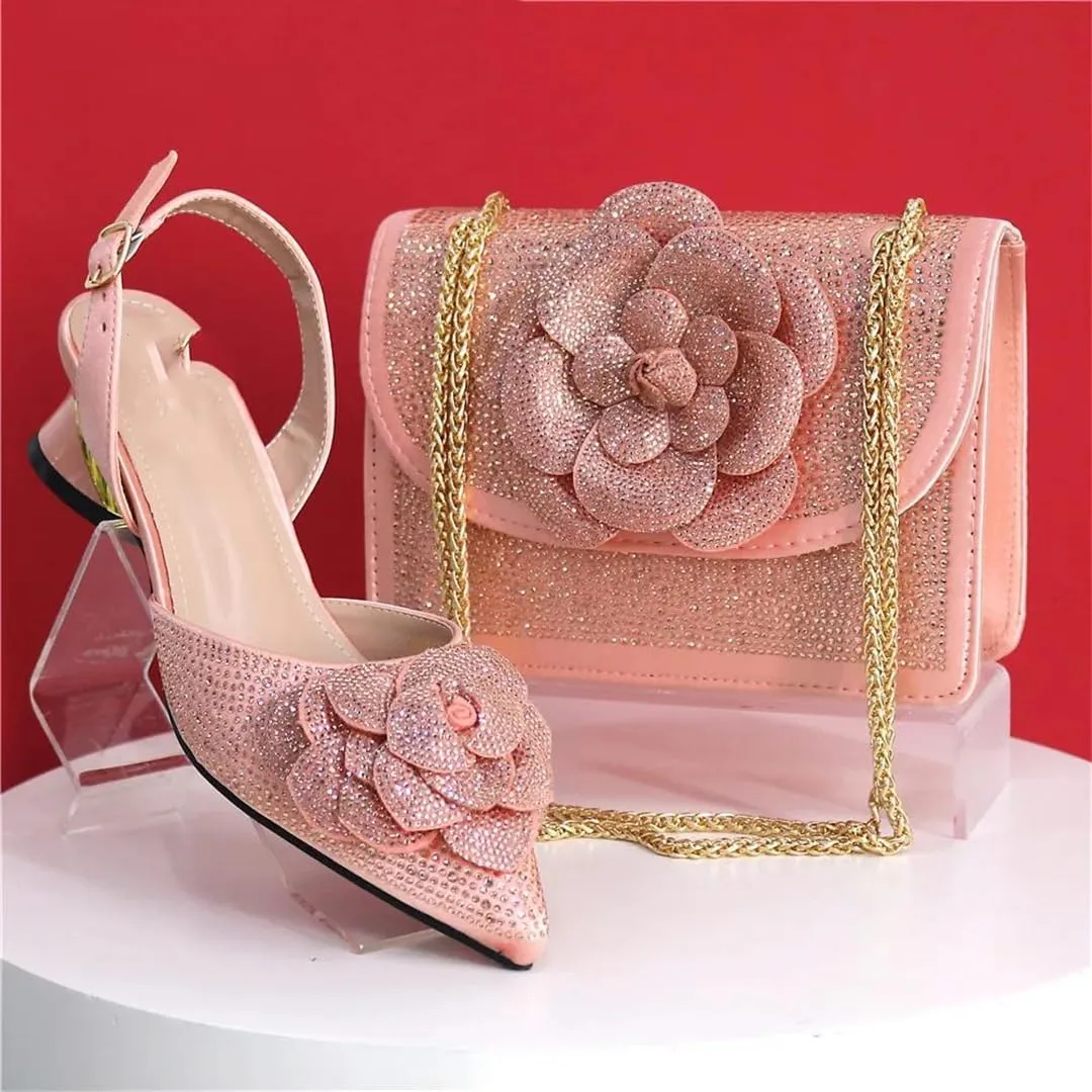 Women’S Knot Comfortable Heel Shoes and Bag Set with Rhinestone Embellishment and Slip-On Design