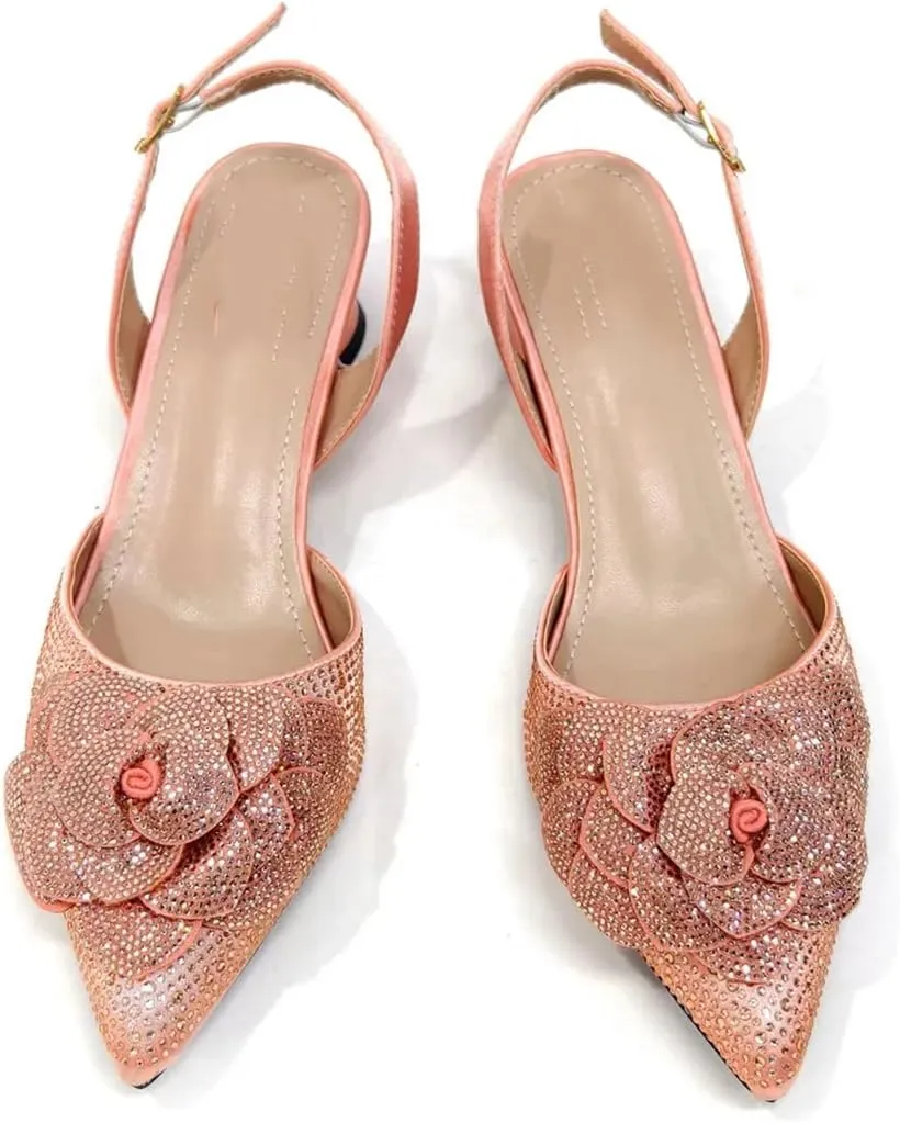 Women’S Knot Comfortable Heel Shoes and Bag Set with Rhinestone Embellishment and Slip-On Design