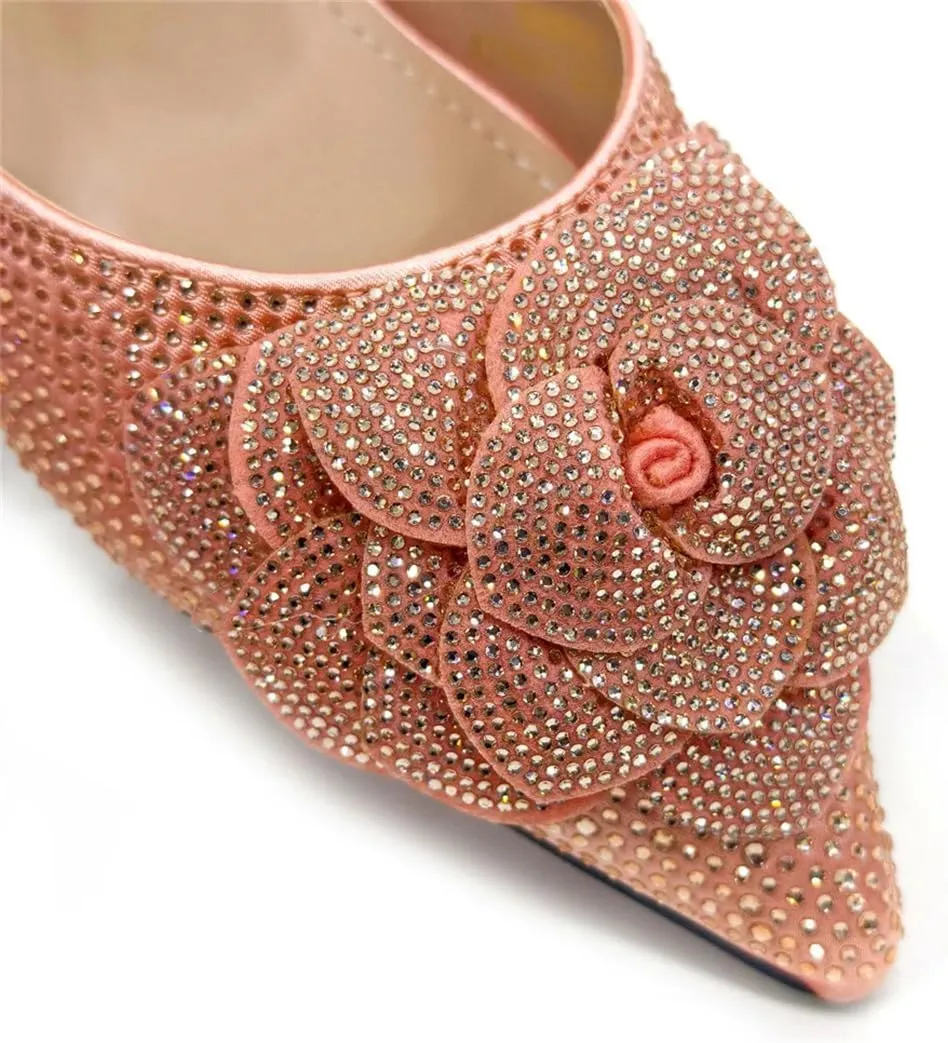 Women’S Knot Comfortable Heel Shoes and Bag Set with Rhinestone Embellishment and Slip-On Design