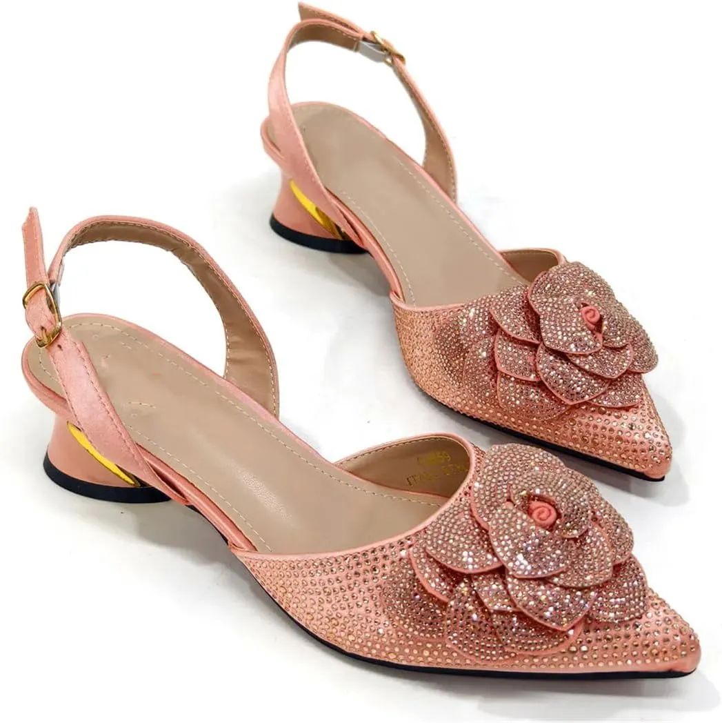 Women’S Knot Comfortable Heel Shoes and Bag Set with Rhinestone Embellishment and Slip-On Design