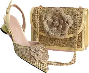 Women’S Knot Comfortable Heel Shoes and Bag Set with Rhinestone Embellishment and Slip-On Design