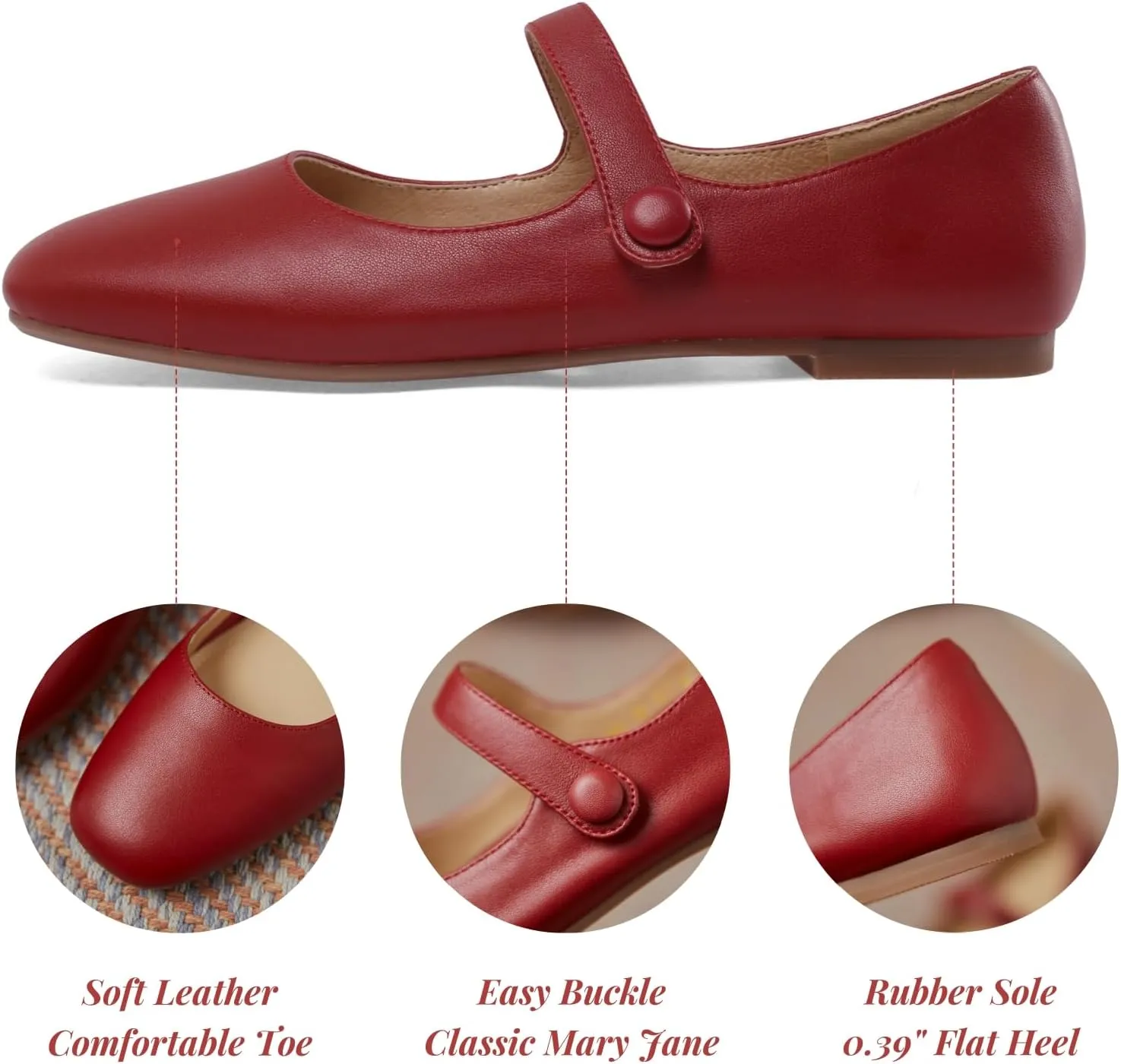 Women's Leather Mary Jane Flats - Soft Comfortable Material, Easy Buckle Slip On, Classic Go-to Casual Shoes