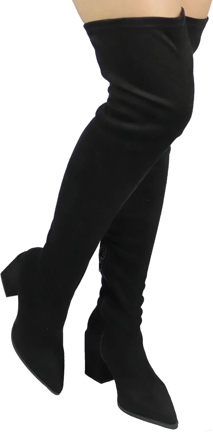Women's Over The Knee Boot - Sexy Wide Calf - Wide FIT - Thigh High Pullon Boot - Trendy Block Heel Shoe - Comfortable Boot