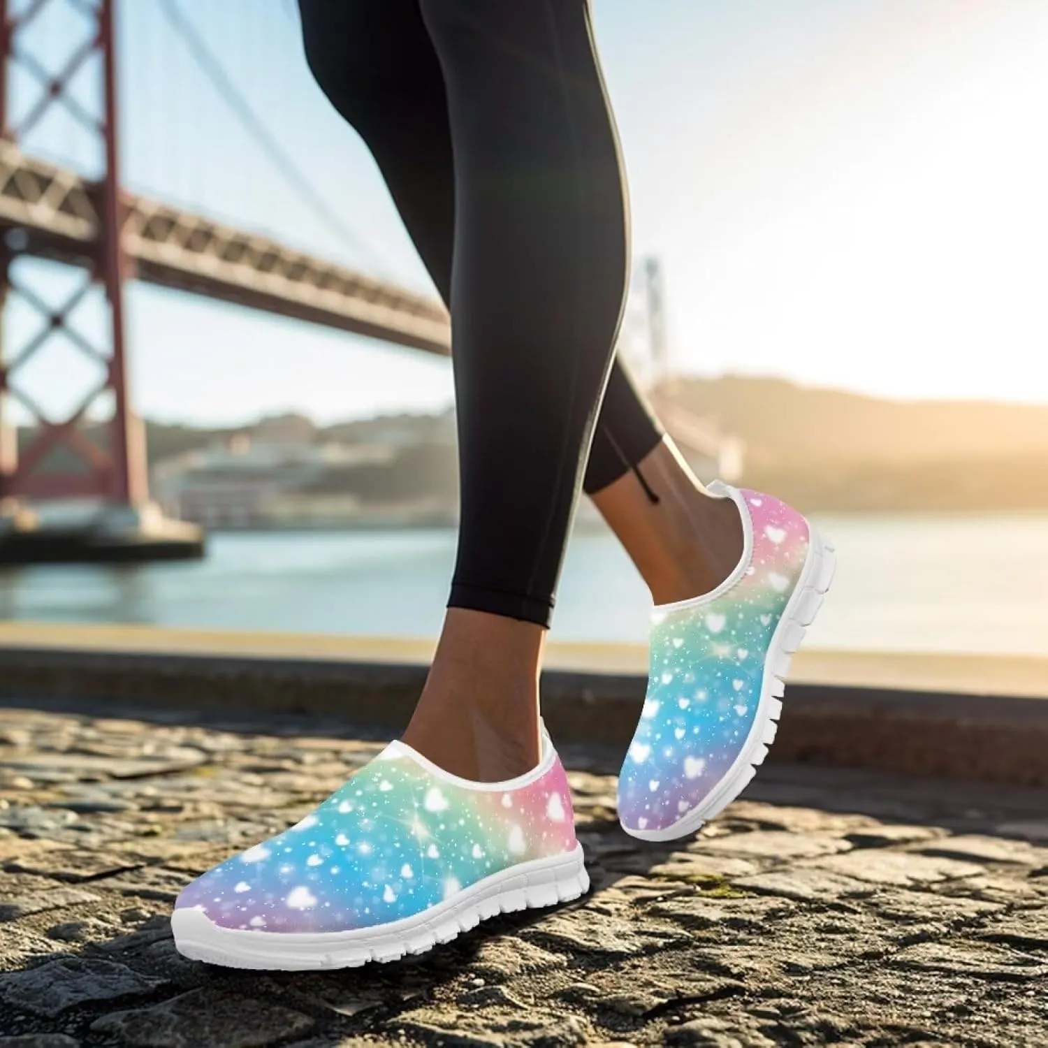 Women's Rainbow Print Shoes Slip On Casual Walking Sneakers Non Slip Comfortable Low Top Ourdoor Sports Flat Shoes