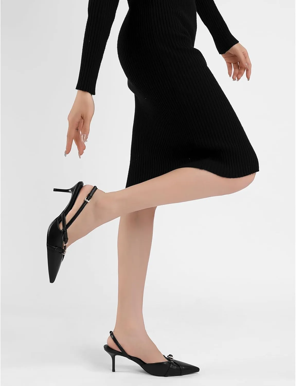 Women's Slingback Kitten Heels Buckle Strap Work Pumps Pointed Toe Slip On Comfortable Dress Shoes