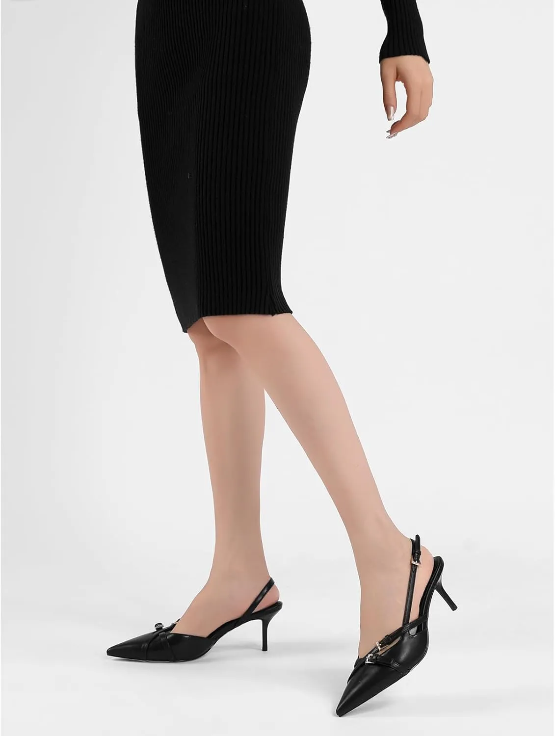 Women's Slingback Kitten Heels Buckle Strap Work Pumps Pointed Toe Slip On Comfortable Dress Shoes