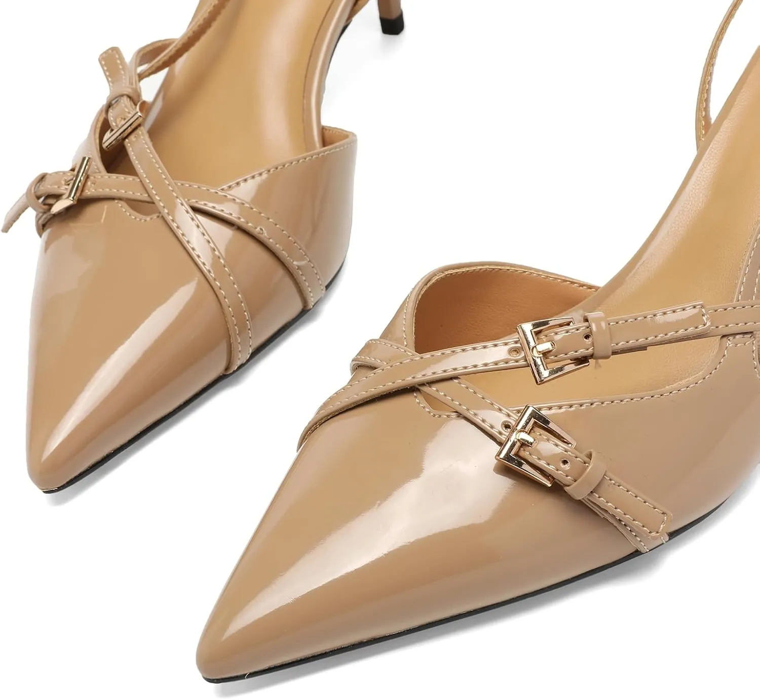 Women's Slingback Kitten Heels Buckle Strap Work Pumps Pointed Toe Slip On Comfortable Dress Shoes
