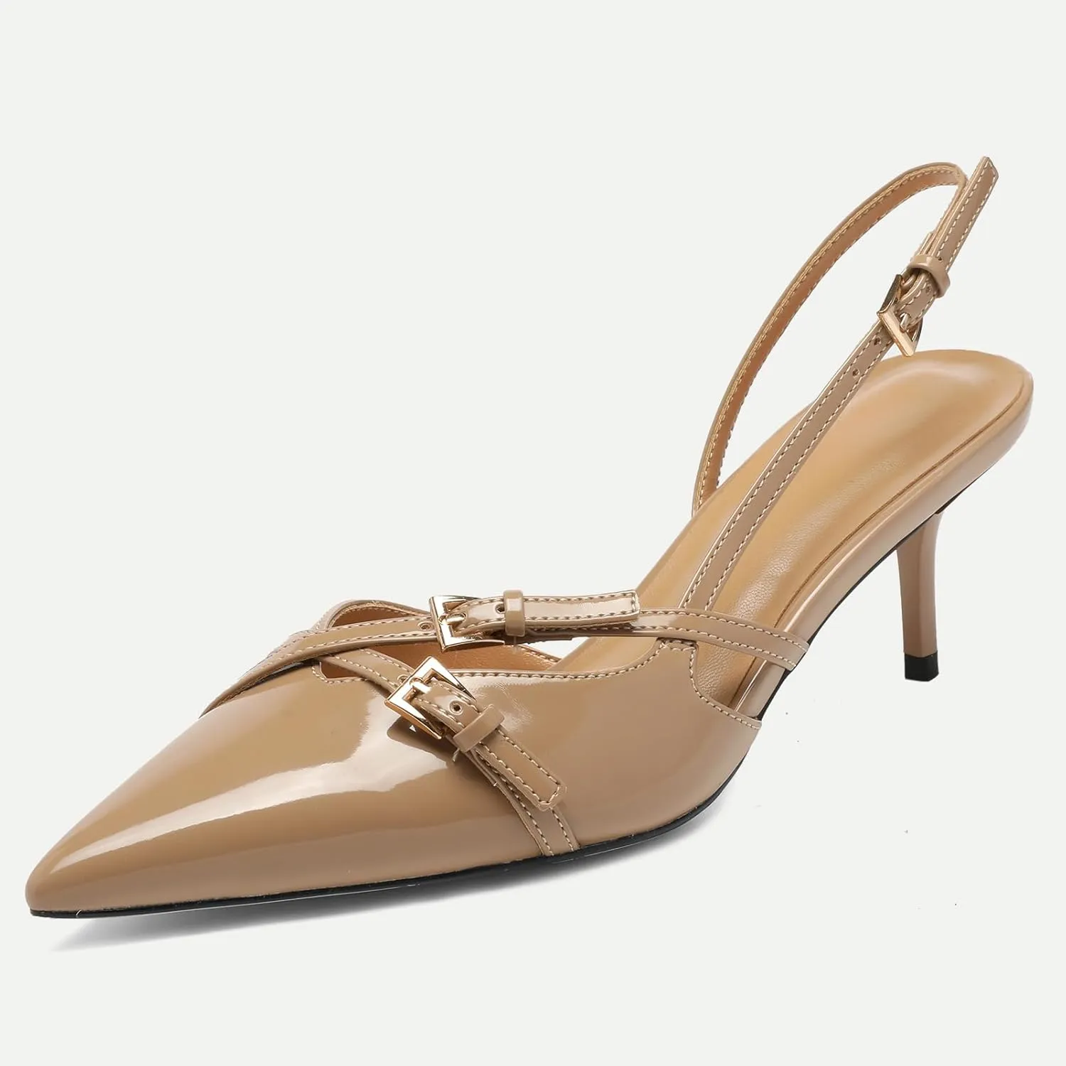 Women's Slingback Kitten Heels Buckle Strap Work Pumps Pointed Toe Slip On Comfortable Dress Shoes