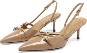 Women's Slingback Kitten Heels Buckle Strap Work Pumps Pointed Toe Slip On Comfortable Dress Shoes