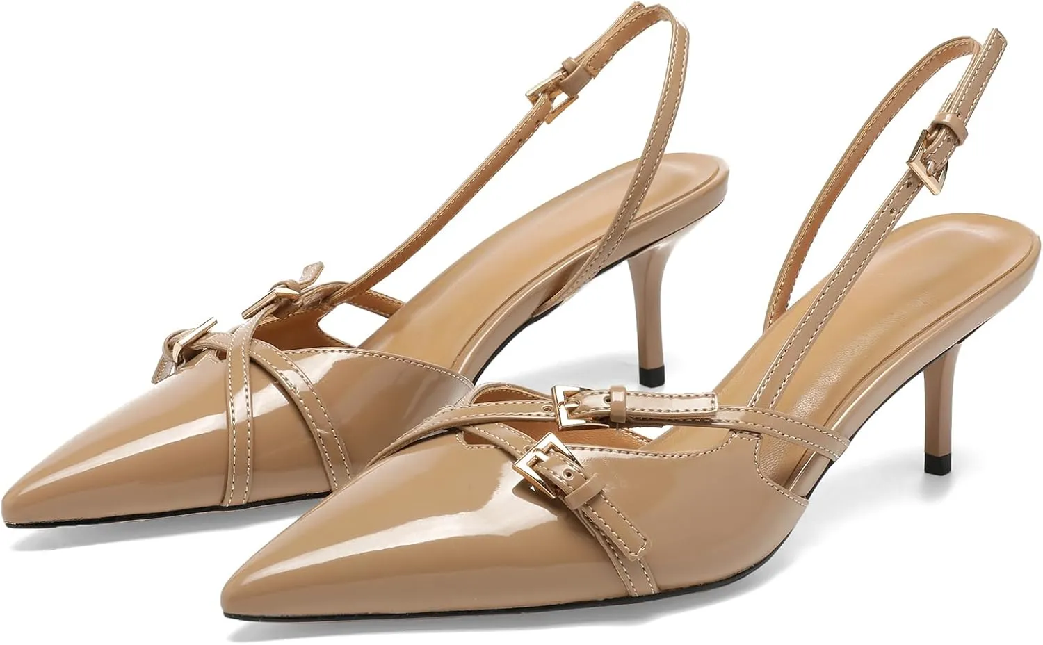 Women's Slingback Kitten Heels Buckle Strap Work Pumps Pointed Toe Slip On Comfortable Dress Shoes