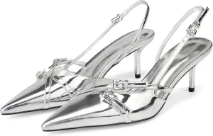Women's Slingback Kitten Heels Buckle Strap Work Pumps Pointed Toe Slip On Comfortable Dress Shoes