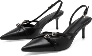 Women's Slingback Kitten Heels Buckle Strap Work Pumps Pointed Toe Slip On Comfortable Dress Shoes