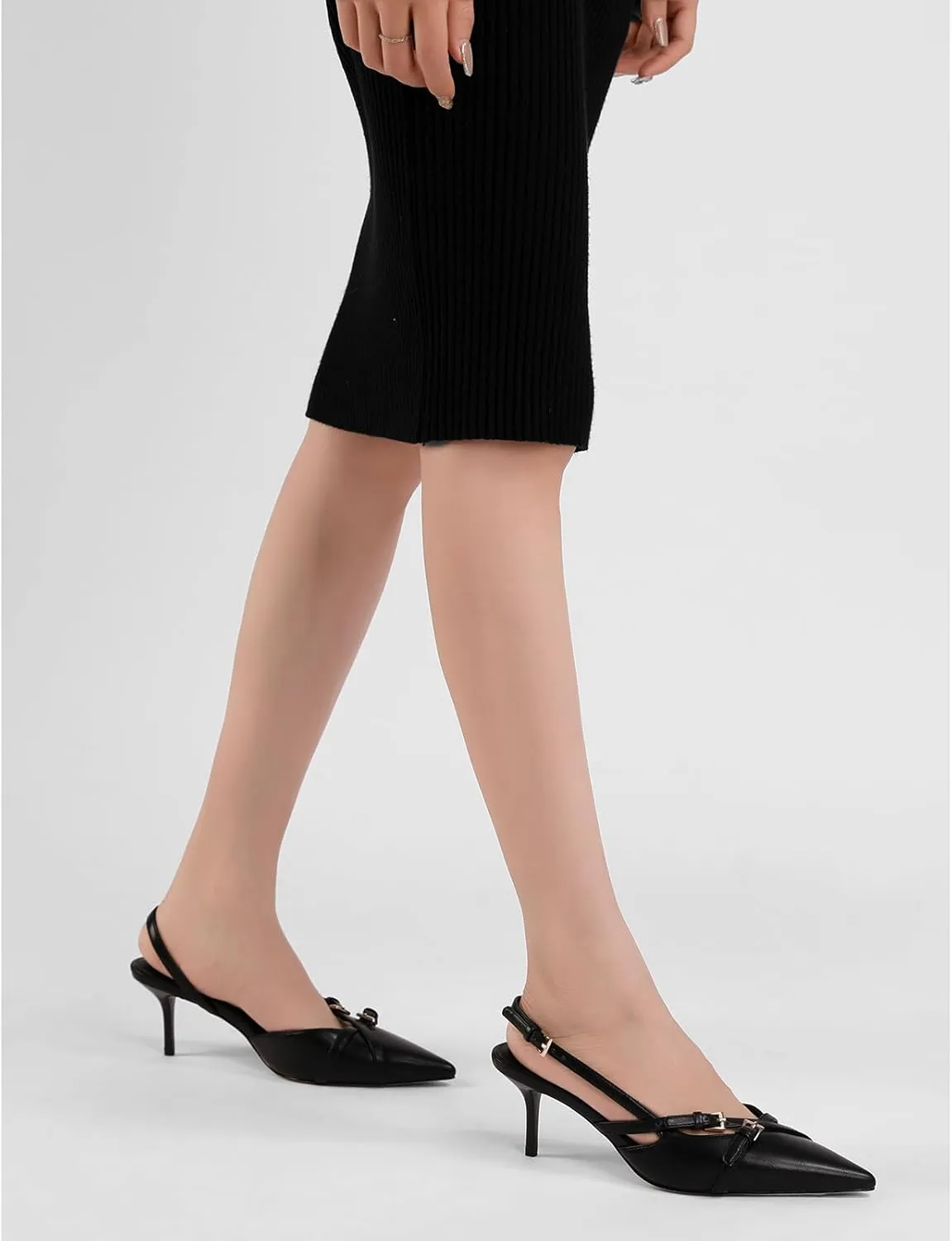 Women's Slingback Kitten Heels Buckle Strap Work Pumps Pointed Toe Slip On Comfortable Dress Shoes