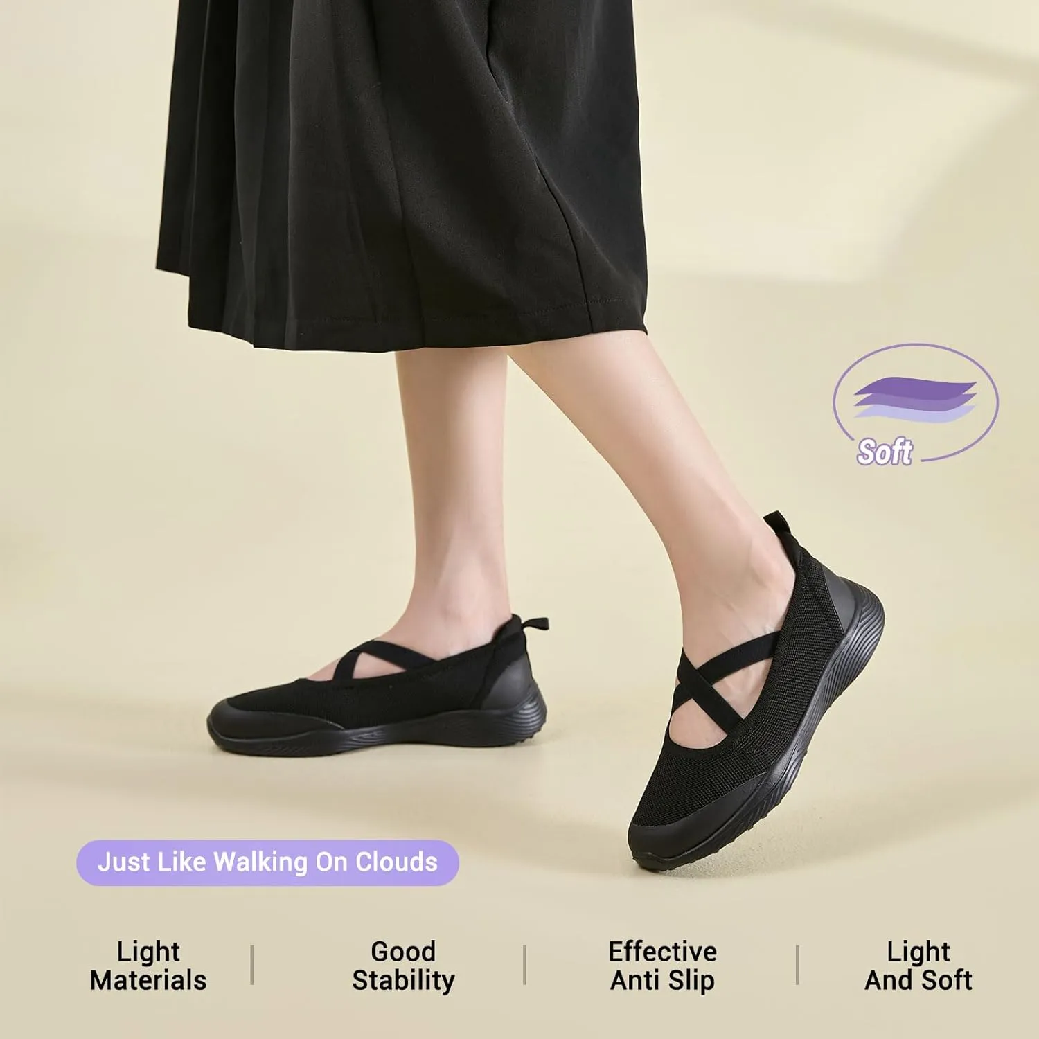 Women's Slip On Walking Shoes Knit Cross Belt Low-Wedge Dressy Ballet Flats Comfortable Sneakers