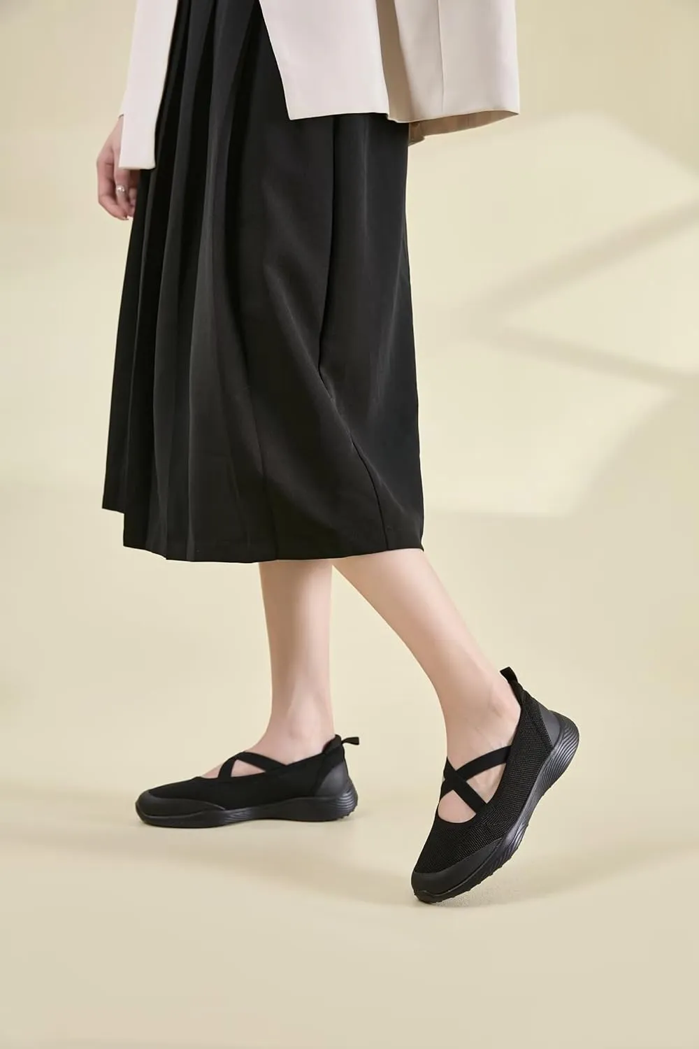 Women's Slip On Walking Shoes Knit Cross Belt Low-Wedge Dressy Ballet Flats Comfortable Sneakers