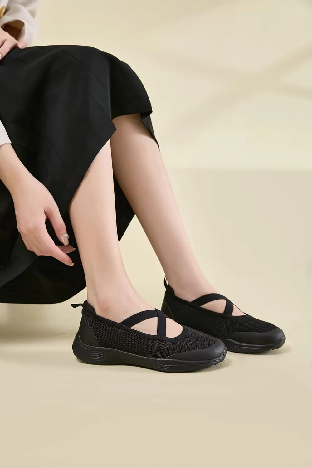 Women's Slip On Walking Shoes Knit Cross Belt Low-Wedge Dressy Ballet Flats Comfortable Sneakers