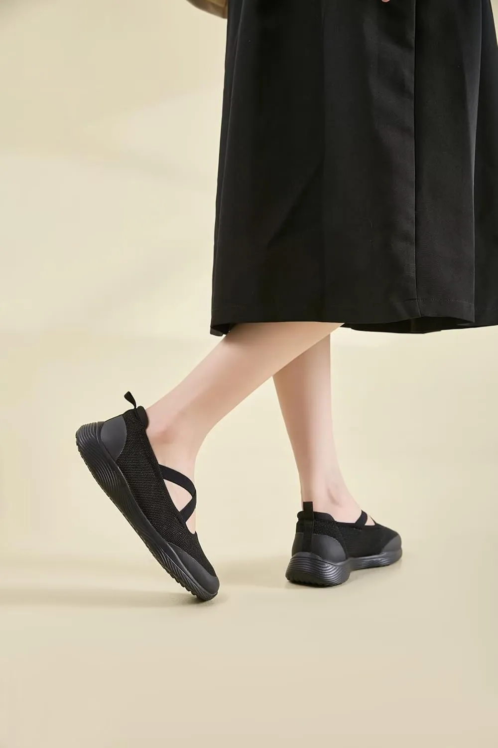 Women's Slip On Walking Shoes Knit Cross Belt Low-Wedge Dressy Ballet Flats Comfortable Sneakers