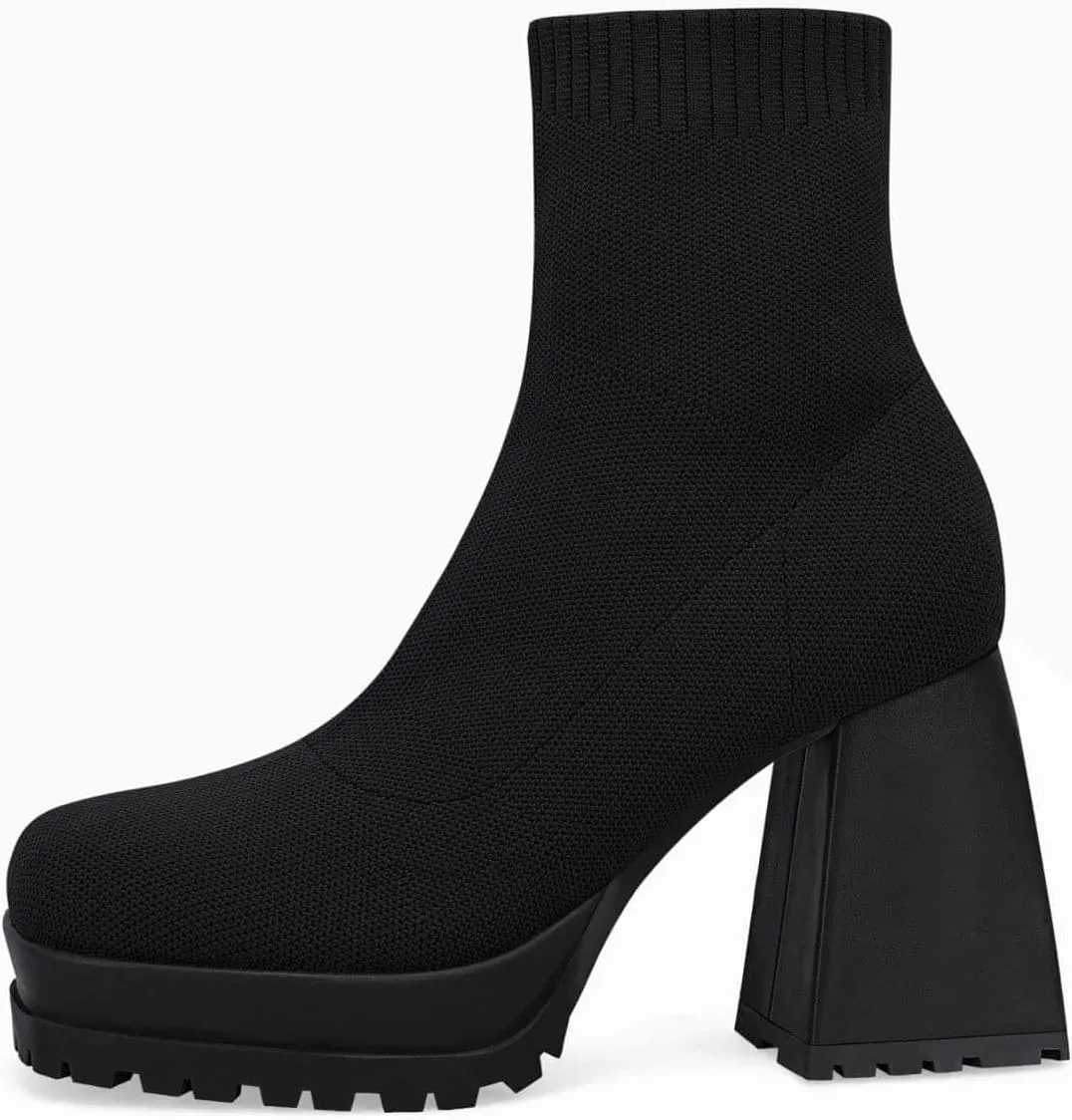 Womens Sock Boots Platform Chunky Heel Booties Dress Ankle Boots Square Toe Slip On Comfortable Winter Booties