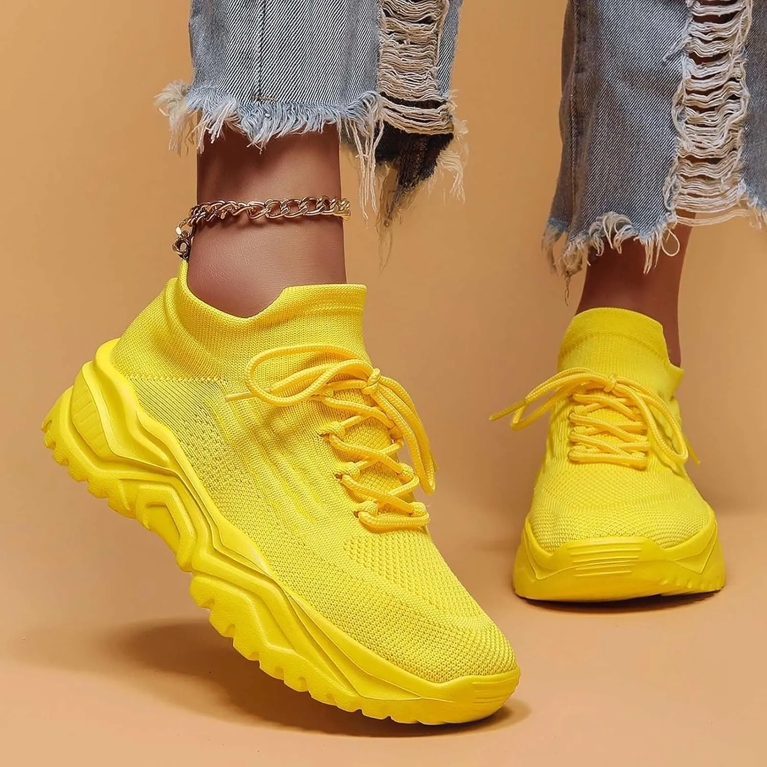 Women's Solid Color Fashion Four Season Lace Up Sneakers Solid Color Flying Woven Running Shoes Women's Water Shoes