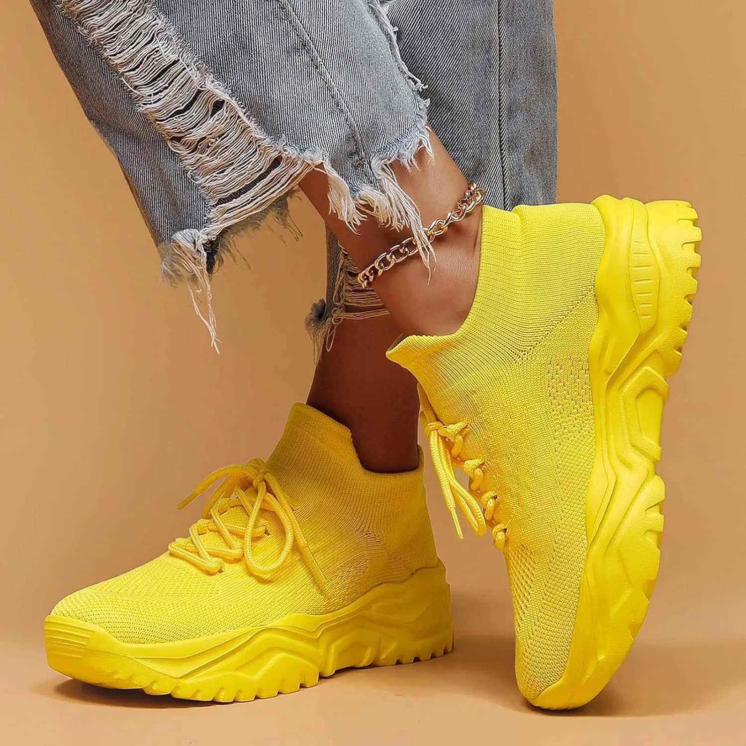 Women's Solid Color Fashion Four Season Lace Up Sneakers Solid Color Flying Woven Running Shoes Women's Water Shoes