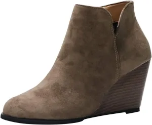 Women's Wedge Ankle Booties Comfortable Side Zipper Slip on Cutout Pointed Toe Chunky Heel Ankle Boots