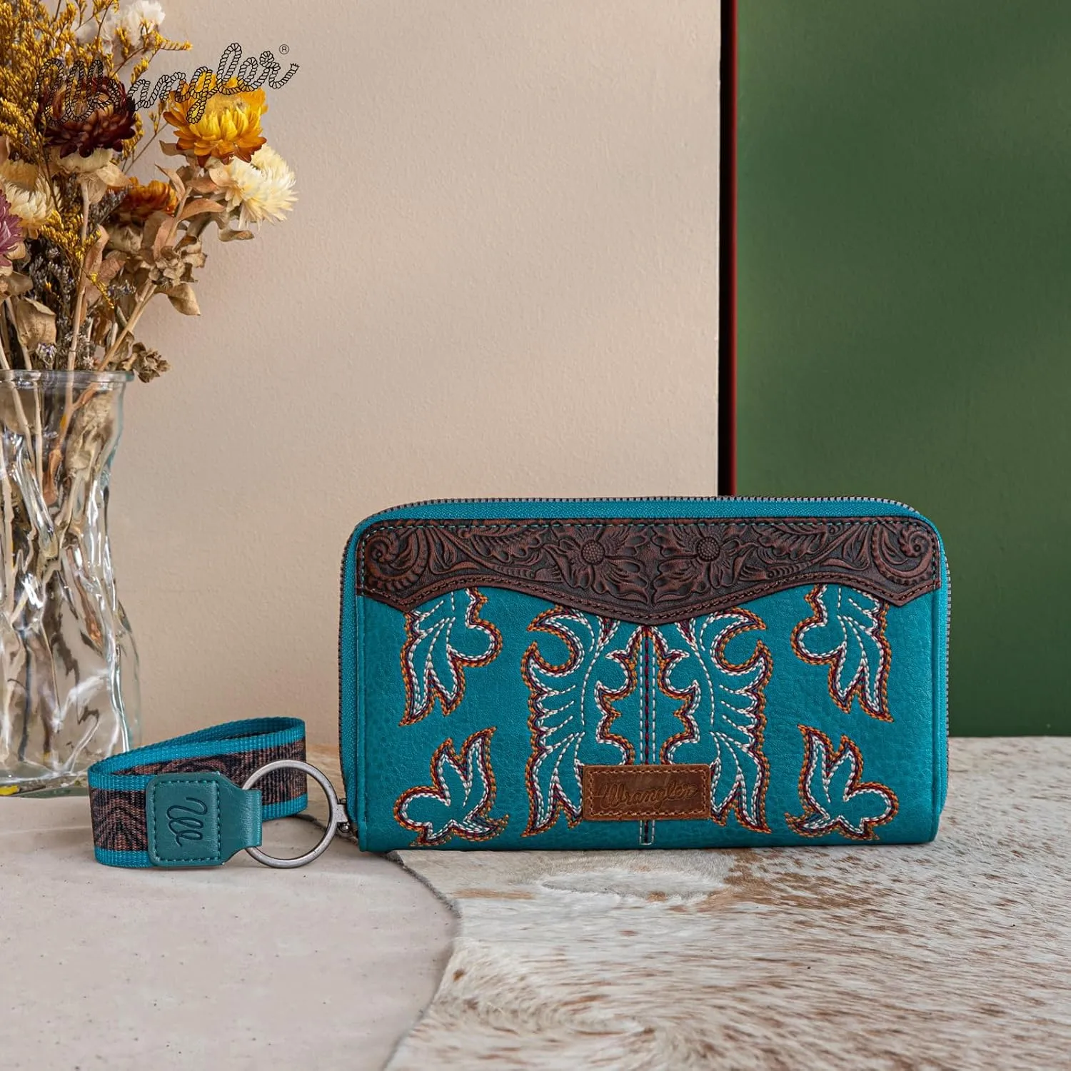 Wrangler Wristlet Western Wallet for Women Floral Tooled Clutch Boot Stitch Bifold Wallet with Card Holder