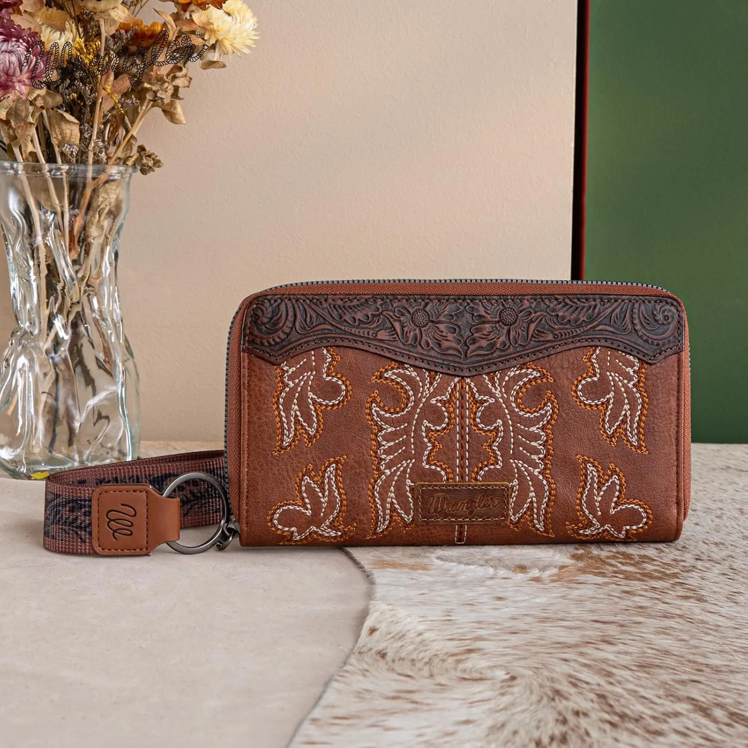 Wrangler Wristlet Western Wallet for Women Floral Tooled Clutch Boot Stitch Bifold Wallet with Card Holder