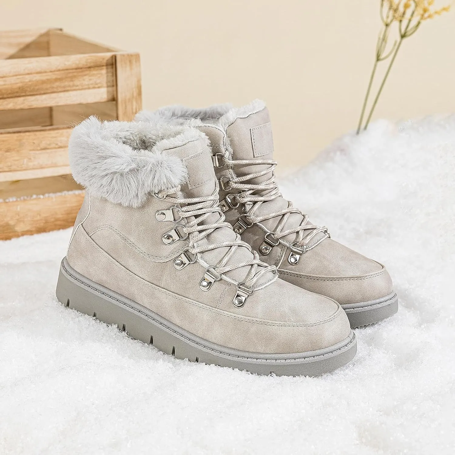XRH Women’s Winter Warm Boots Black Snow Combat Boots With Zipper,Comfortable Fur Lined Women Ankle Boots Non Slip Hiking Boots For Women