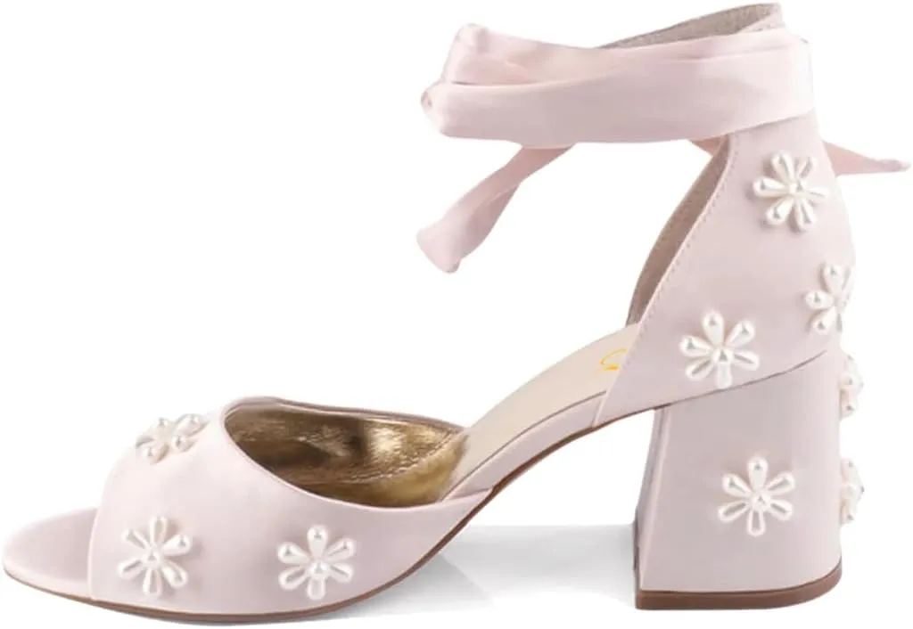 XYD Women Open Toe Sandals with Bloom Pearl Flower Ribbon Ankle Strap Chunky Block Heel Wedding Bridal Shoes
