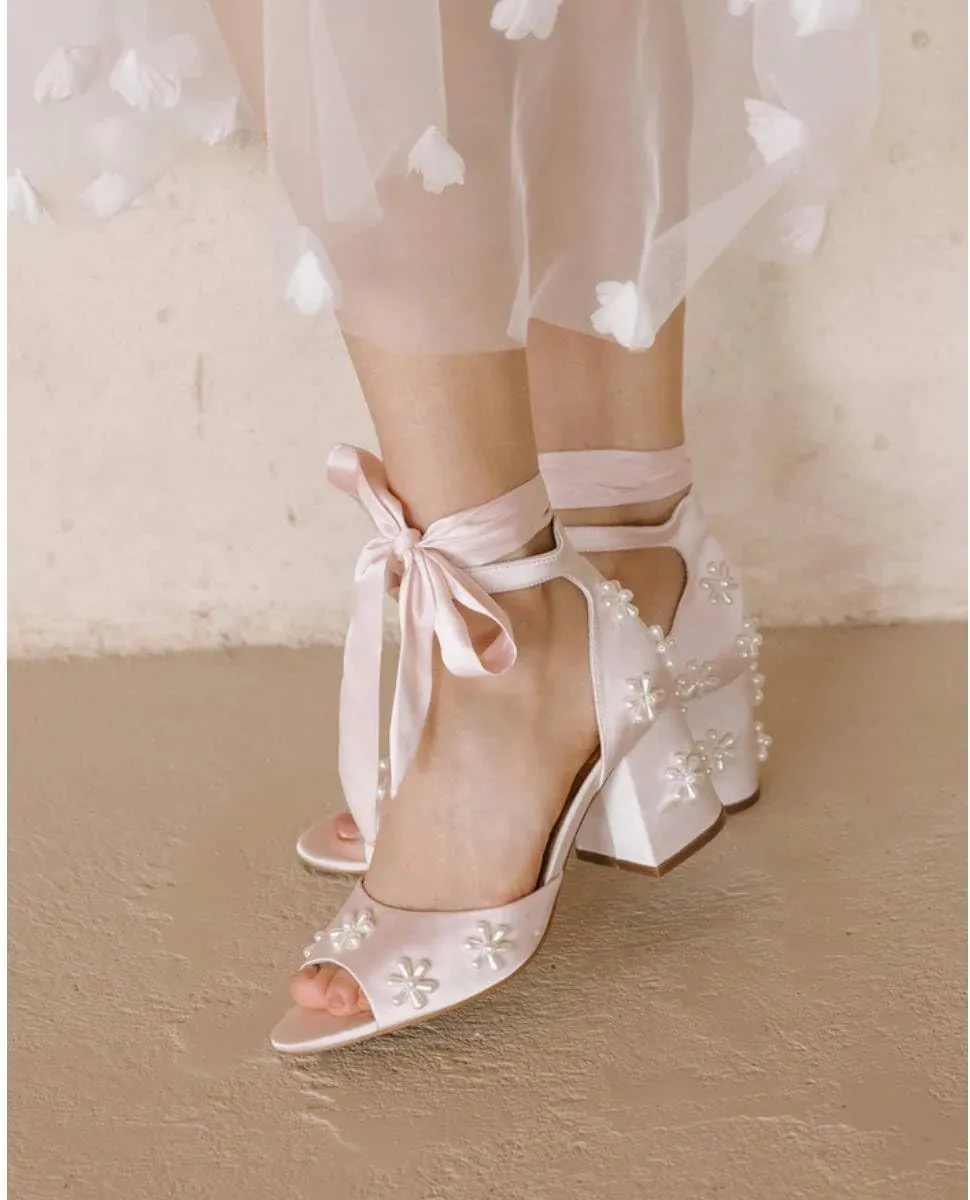 XYD Women Open Toe Sandals with Bloom Pearl Flower Ribbon Ankle Strap Chunky Block Heel Wedding Bridal Shoes