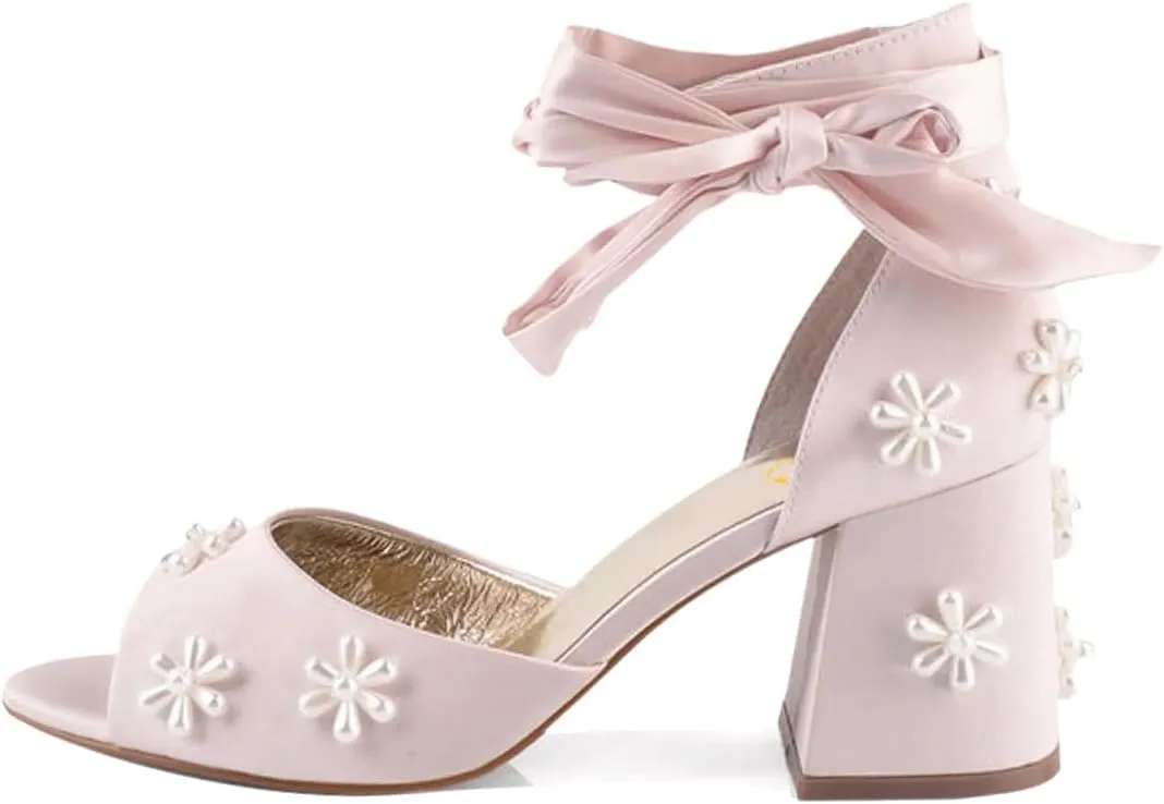XYD Women Open Toe Sandals with Bloom Pearl Flower Ribbon Ankle Strap Chunky Block Heel Wedding Bridal Shoes