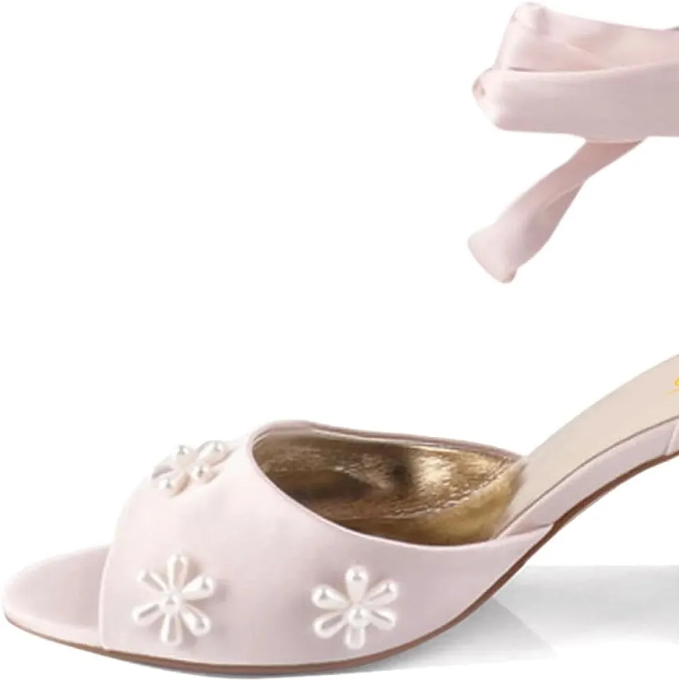XYD Women Open Toe Sandals with Bloom Pearl Flower Ribbon Ankle Strap Chunky Block Heel Wedding Bridal Shoes