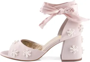 XYD Women Open Toe Sandals with Bloom Pearl Flower Ribbon Ankle Strap Chunky Block Heel Wedding Bridal Shoes