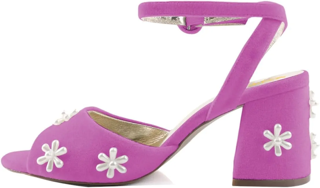 XYD Women Peep Toe Velvet Sandals Bloom Pearl Flower Ankle Strap Chunky Block Heel Wedding Bridal Shoes