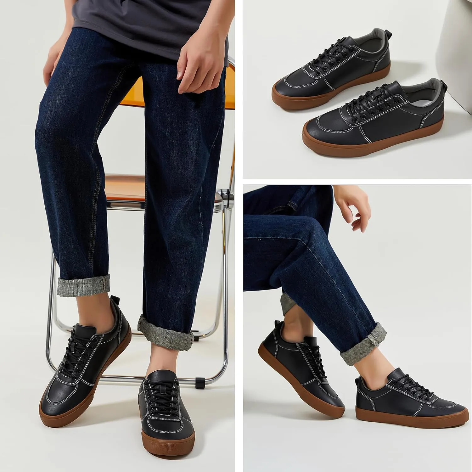 yageyan Mens White Shoes Low top PU Sneakers White Tennis Shoes for Mens Comfortable Casual Walking Shoes